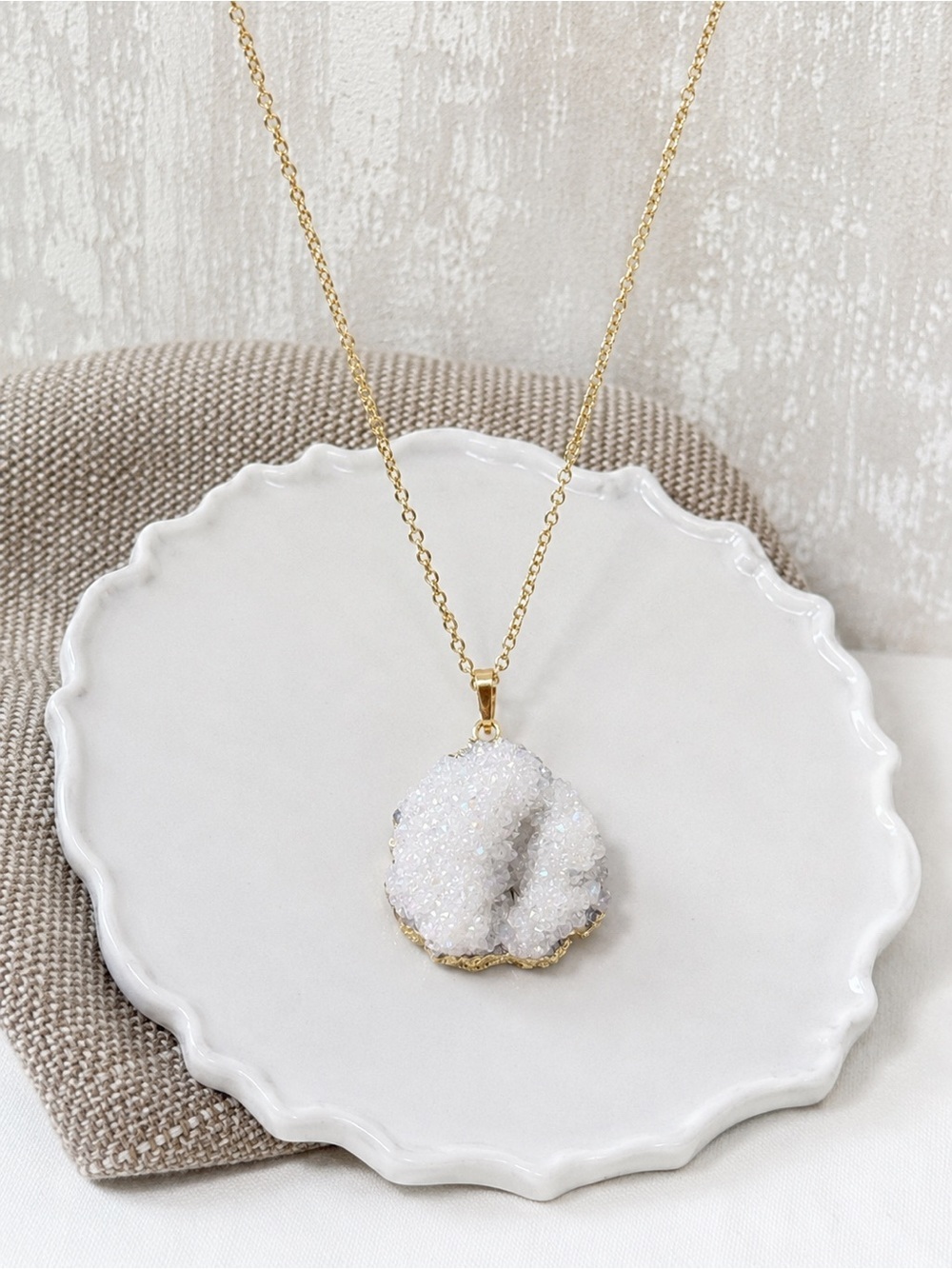 White Druzy Crystal Long Pendant Necklace NWT